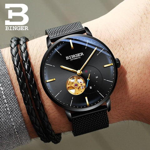 Image of Binger Swiss Mechanical Black Business Luxury Men Watch B 5085M-1