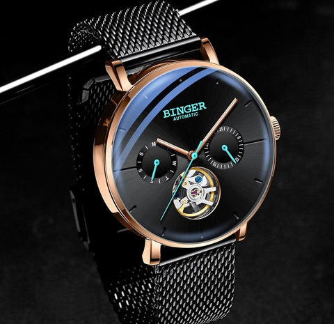 Image of Binger Swiss Mechanical Black Business Luxury Men Watch B 8612