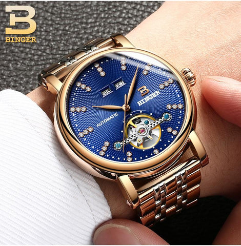 Image of Binger Swiss Diamond Studded Mechanical Watch Men B 1173